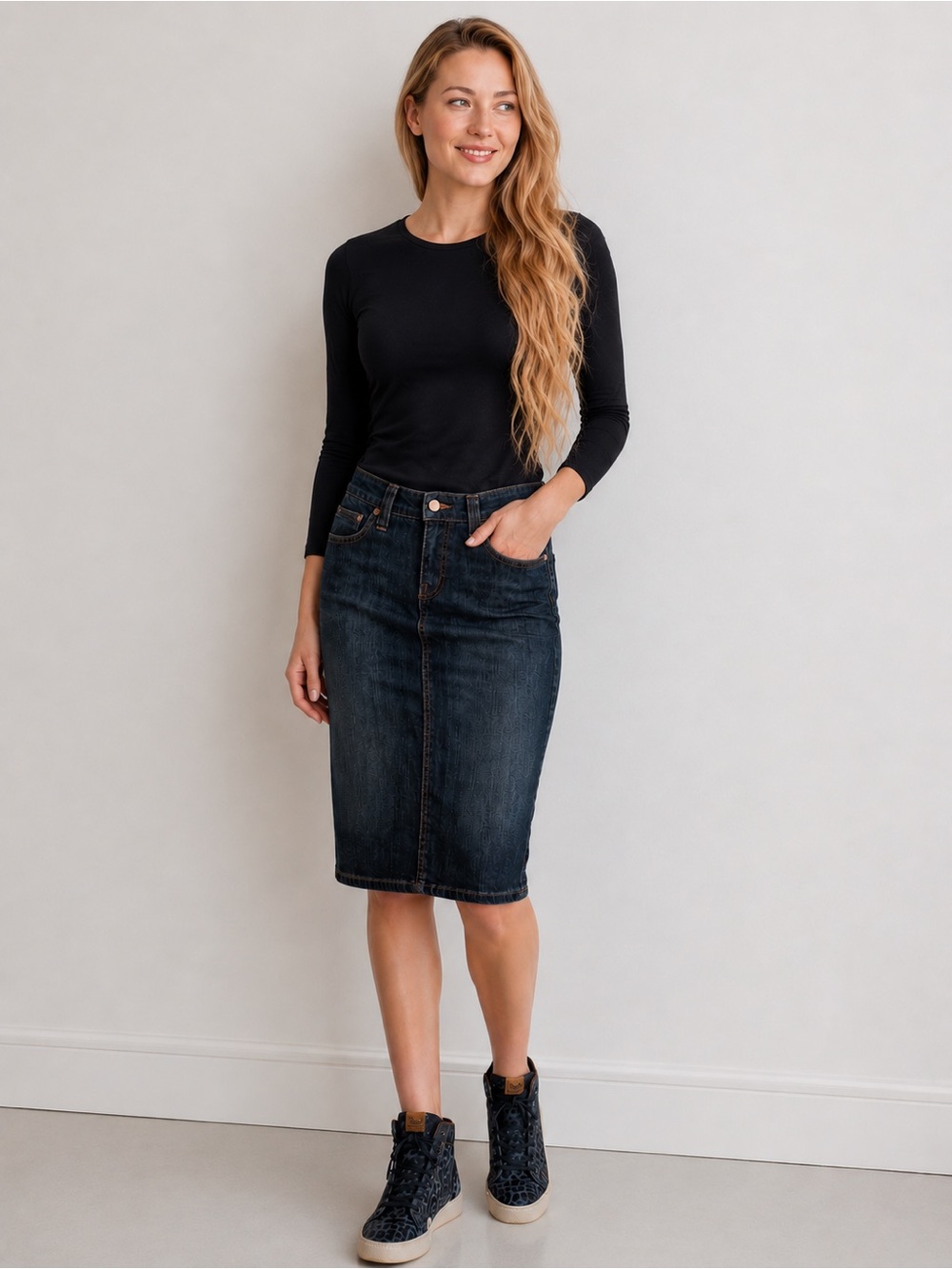 Pure Color Boutique Denim Midi Skirt NWT Dark Wash Jean Skirt Vogue